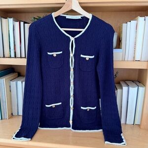 Trina Turk Vermouth Cardigan Navy Ivory Crochet Trim Pockets Gold Button Detail